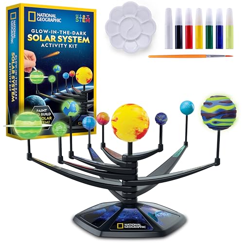 National Geographic Glow-in-The-Dark Solar System Model Kit for Kids - Build & Paint a 3D Planetary Model with Movable Arms, STEM Projects for Kids Ages 8-12, Space Themed Bedroom Decor