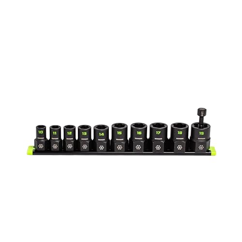 GRIPEDGE Tools | 10-PC – 3/8'' Drive Metric RPT Socket Extractor Set | Sizes 10 – 19 MM | Removes Broken Studs, Stripped Bolts and Lug Nuts | Includes Premium Aluminum Socket Rail|