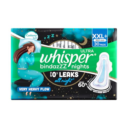 Whisper Bindazzz Nights 30 XXL+ Sanitary Pads, Upto 0% Leaks All Night Long, For Very Heavy Flow, Nearly 60% Longer with Wider Back, Active odor lock 
