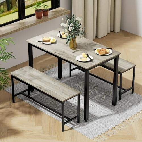 Sturdy Durable Dining Table Set for 4 with Bench, Easy to Assemble Kitchen Table with Bench, Space-Saving Ideal 4-Person Set,Grey