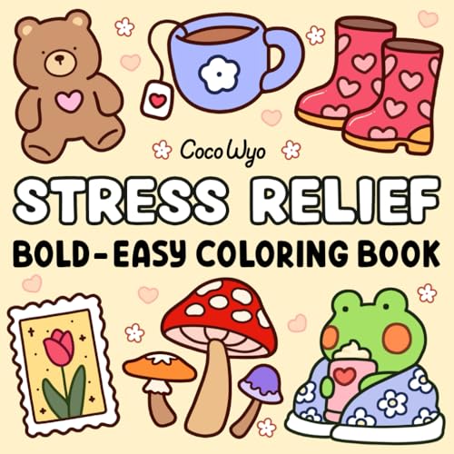 Cover of Stress Relief: Coloring Book for Adults and Kids, Bold and Easy, Simple and Big Designs for Relaxation Featuring Animals, Lan