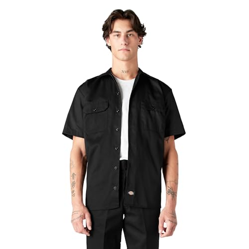 Dickies Men’s Short Sleeve Work Shirt – Durable Twill Button Down Shirts for Men, Lightweight Uniform for Daily Wear, Black, Large