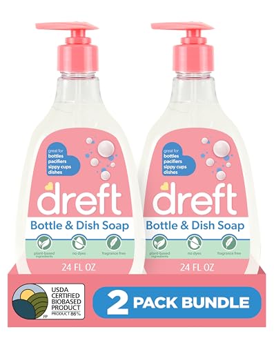 Dreft Baby, Bottle and Dish Soap, Removes Milk Film & Odor, Plant Based, Fragrance Free, Travel Size Bottles, 24 Fl Oz (Pack of 2)
