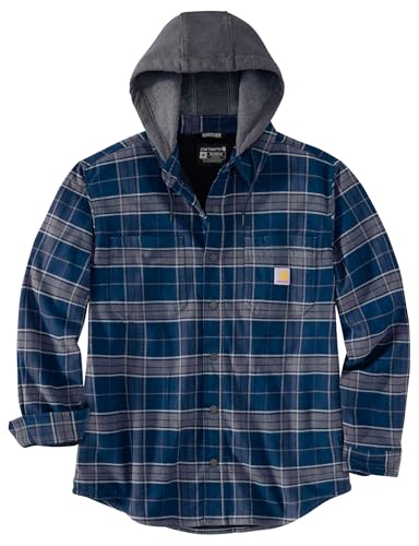Carhartt Men's Rugged Flex Relaxed Fit Flannel Fleece Lined Hooded Shirt Jac, Navy, Medium