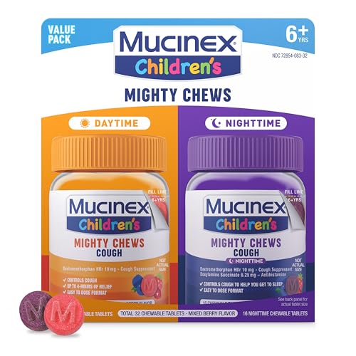 Mucinex Children's Mighty Chews Kids Cough Medicine Daytime and Nighttime Value Pack, Easy to Dose Cough Suppressant for Kids with Dextromethorphan, Mixed Berry Flavor, 32 Medicated Chewable Tablets