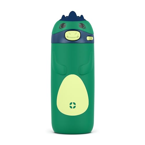 Ello Ellies 12oz Vacuum Insulated Stainless Steel Kids Water Bottle with Straw and Built-in Carrying Handle and Leak-Proof Locking Lid for School Backpack, Lunchbox and Outdoor Sports, Dino