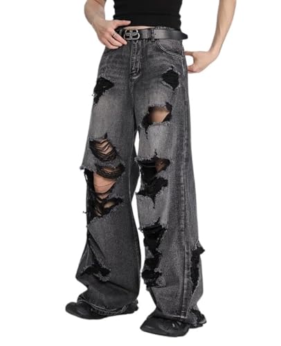 Lafaguw Baggy Jeans for Woman Men Ripped High Waisted Straight Leg Pants Y2K Grunge Streetwear Emo Summer Clothes.Black3/S