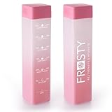 Frosty 100 Food Grade Premium Plastic Fridge Square Water Bottle With Motivational Time Marker UnbreakableLeakproofNonToxic 2 Pieces 1Litre Red