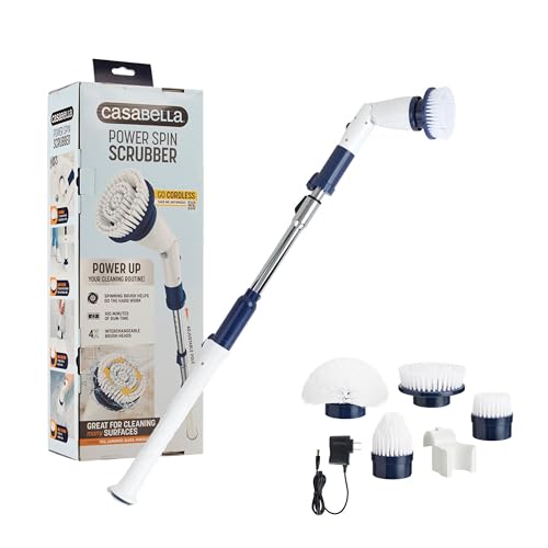 Casabella Power Spin Scrubber, Extendable to 47.5” – Cordless Electric Cleaner for Shower, Kitchen, Bathroom, Tile, Tub, Car, Deck - Rechargeable Spin Brush with Adjustable Brush Head & 4 Attachments