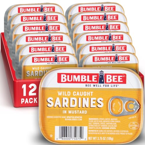 Bumble Bee Sardines in Mustard Sauce, 3.75 oz Tin (Pack of 12) - Wild Caught, Gluten Free, Keto, Kosher
