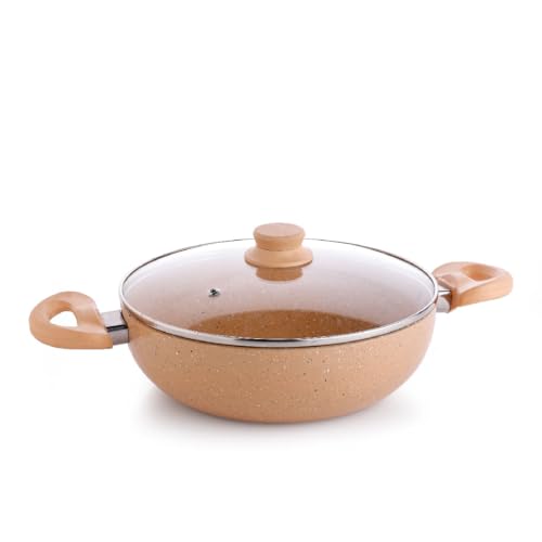 Crystal Marbo Plus Induction Base Aluminium Kadai with Glass Lid, 225mm | Sandalwood