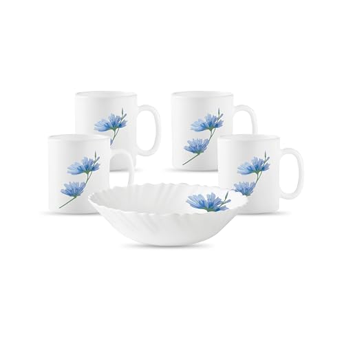 La Opala Diva Classique Collection Opal Glass Crockery | Gift Set of 5 | Coffee Time Set 5 pcs Floral Mist | Bowls & Coffee Mugs | Microwave Safe | 10