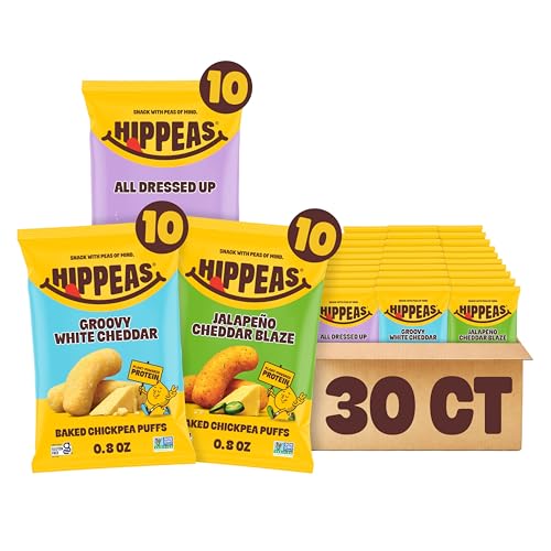 Hippeas Chickpea Puffs, Variety Pack: Vegan White Cheddar, Nacho Vibes, 0.8 Ounce (Pack of 30), 3g Protein, 2g Fiber, Vegan, Gluten-Free, Crunchy, Plant Protein Snacks