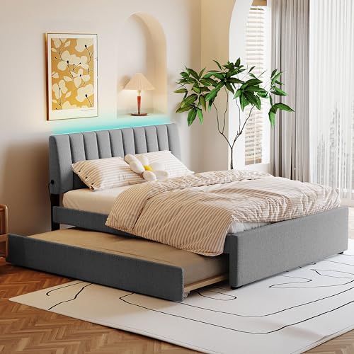 Acosure Queen Size Teddy Fleece Upholstered Platform Bed with Trundle,LED Bed Frame W/Stripe Headboard,for Bedroom,Apartment,Guest Room,for Bedroom,Apartment,Guest Room,Gray