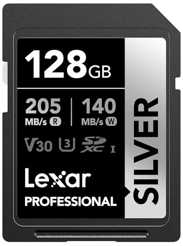 Lexar 128GB Professional Silver SD Card, UHS-I, C10, U3, V30, 4K, Up to 205/140 MB/s SDXC Memory Card, for Professional Photographer, Videographer, Enthusiast (LSDSILV128G-BNNNU)