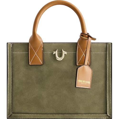 True Religion Women's Tote Bag, Faux Suede Medium Travel Purse Handbag with Adjustable Shoulder Strap and Horseshoe Logo, Olive