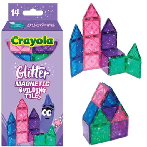 CreateOn Crayola Magnetic Tiles, Building Set for Kids, Magnetic Toys for Kids, Travel Toys, Classroom Sensory Toy Blocks, STEM & Montessori Tools for Boys & Girls Ages 3+, 14-Piece Set (Glitter)