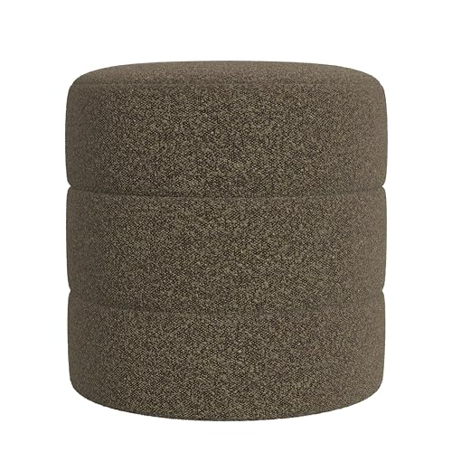 HomePop Upholstered Round Ottoman (No Lid, Seat Only) Home Décor | Round Pouf Foot Rest – Dark Brown Boucle