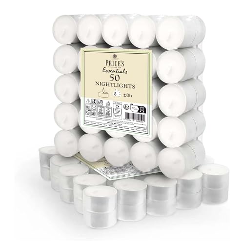 Price's Candles 50 Pack 8 Hour Tea Lights Unscented Long Burning Tealight Candles Clean Smokeless Vegan and Kosher Friendly for Home Décor Events and Everyday Use