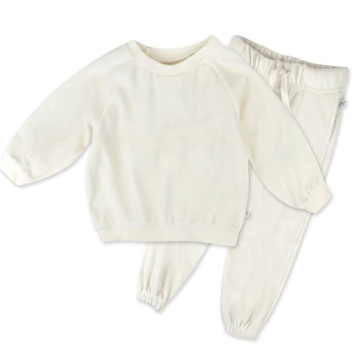 HonestBaby 2-Piece Cozy Velour Sweatshirt and Jogger Sweatpants Set 100% Organic Cotton for Toddler, Baby Boys, Girls, Winter White Ivory, 2T