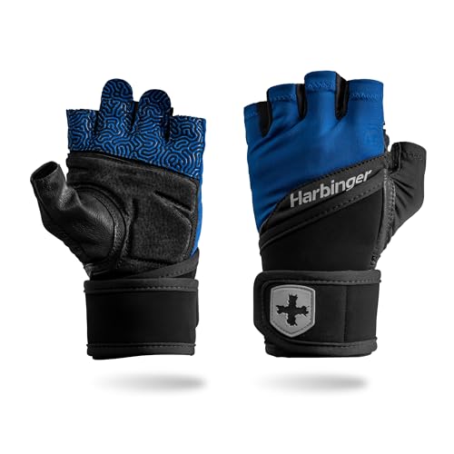 Harbinger Training Grip Wrist Wrap Gloves - Enhanced Grip & Wrist Support, Breathable Lycra Back, Padded Leather Palm, Half-Finger Design, Quick Pull Tabs, Ideal for Weightlifting, Blue, X-Large