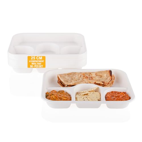 Clazkit 50 Pack, 4-Compartment Disposable Meal Tray | Compostable Bagasse Plates | Eco-Friendly Biodegradable Dinner Plates | Party, Wedding, Event Pl
