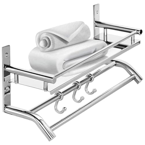 Zureni Folding Towel Rack for Bathroom 304 Grade Stainless Steel Wall Mount with Multipurpose Hooks & Hanger Bar Accessories and Fittings Shelf for Ki