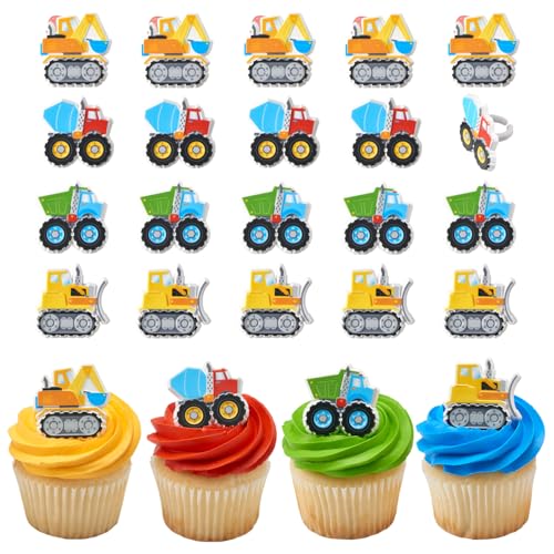 DecoPac Construction Rings, Cupcake Decorations, Construction Vehicle Cupcake Toppers, Mixer Truck, Excavator, Dump Truck & Bulldozer, Food Safe Cake Topper – 24 Pack