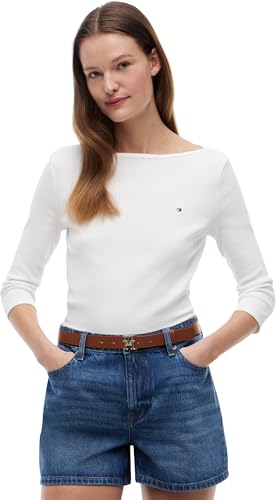 (-39%) Tommy Hilfiger Damen Langarmshirt New Cody Slim U-Boot-Ausschnitt, Weiß (Nos Ecru), L