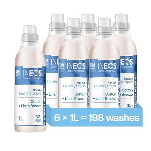 INEOS Non Bio Laundry Washing Liquid Detergent for Sensitive Skin, 198 Washes (6 x 1L) Stain Removal for Clothes, Plant Powered, Stress Relieving Fragrance, Vegan, Cruelty Free, Cotton + Linen Breeze