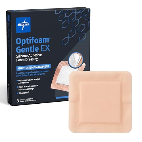 Medline Optifoam Gentle EX Silicone Foam Dressing, 4" x 4" Adhesive Wound Dressing with Moderate to Heavy Absorbency, Wound Bandage for Protection and Healing, Waterproof, Pack of 3
