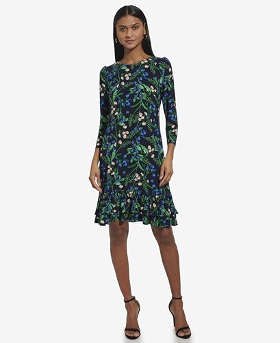 Tommy Hilfiger Womens Shift Jersey Long Sleeve Round Neck Dress, Jolly Green Multi, 14