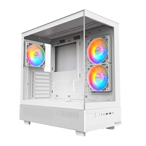 MONTECH XR, ATX Mid-Tower PC Gaming Case, 3 x 120mm ARGB PWM Fans Pre-Installed, Full-View Dual Tempered Glass Panel, Wood-Grain Design I/O Interface, Support 4090 GPUs, 360mm Radiator Support, White