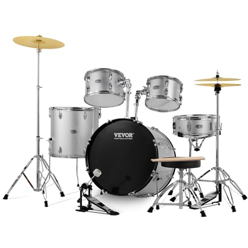 VEVOR Adult Drum Set, 5-Piece 22" Complete Full Size Drumset for Adults, with Adjustable Throne Bass Toms Snare Floor Stands Cymbal Hi-Hat Pedal and Drumsticks, Beginner Drum Kit, Silver