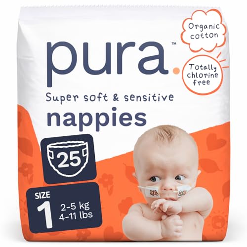 Pura Newborn Baby Nappies Size 1, , 2-5kg/4-11lbs, Cloud Soft Premium Nappies for Hypoallergenic & Sensitive Skin, Toxin-Free*,Wetness Indicator, Up to 12 Hours Leak Protection
