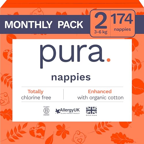 Pura Eco Baby Nappies - Size 2 (3-6kg / 7-13lbs), 6 x 29 Nappies (174 Total), Monthly Pack, Ultra Soft Nappies for Sensitive Skin, Organic Cotton, Wetness Indicator, Umbilical Cord Cutout