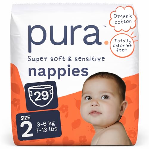 Pura Baby Nappies Size 2, , 3-6kg/6-13lbs, Cloud Soft Premium Nappies for Hypoallergenic & Sensitive Skin, Toxin-Free*, Wetness Indicator Up to 12 Hours Leak Protection