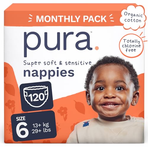 Pura Baby Nappies Size 6, , 13kg+/26+lbs, Cloud Soft Premium Nappies for Hypoallergenic & Sensitive Skin, Toxin-Free*, Up to 12 Hours Leak Protection