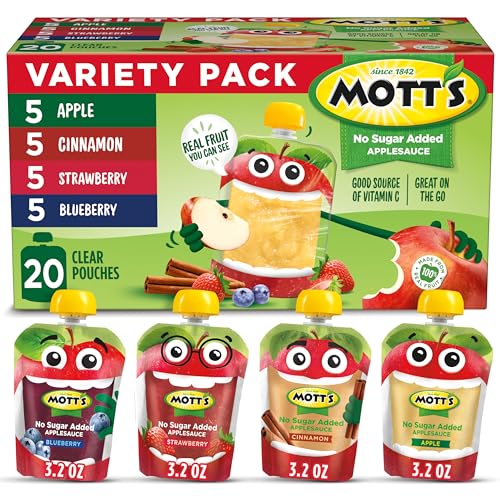 Mott's No Sugar Added Applesauce Variety Pack, 4 Flavors – Apple, Strawberry, Cinnamon & Blueberry, Made from Real Fruit