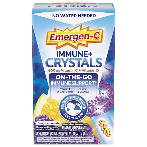 Emergen-C Immune Plus Crystals, On-The-Go Immune Support Supplement with Vitamin C, Vitamin D, B Vitamins, Zinc and Manganese, Berry Lemonade, Back to School Essentials - 28 Stick Packs