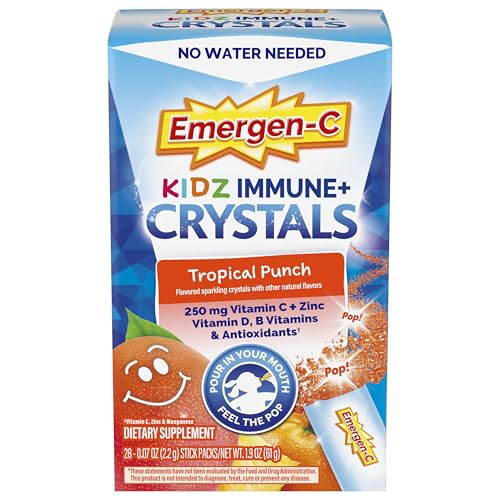 Emergen-C Kidz Immune Plus Crystals, On-The-Go Immune Support Supplement with Vitamin C, Vitamin D, B Vitamins, Zinc and Manganese, Tropical Punch, Back to School Essentials - 28 Stick Packs