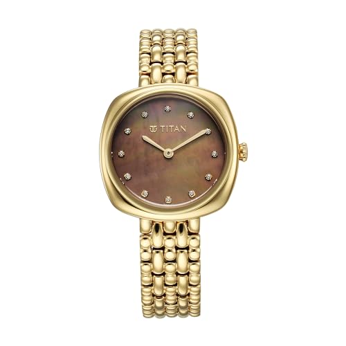 Aura Phase Quartz Analog Brown Dial Golden Stainless Steel Strap Watch for Women-95241YM01