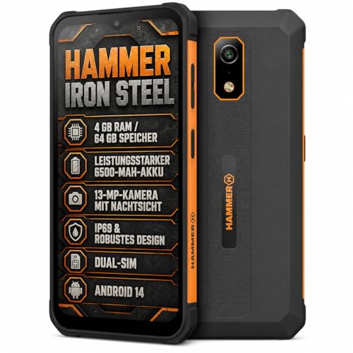(-34%) Hammer Iron Steel Va ohne Vertrag robust, wasserdicht, Dual-SIM, leistungsstarker 6500-mAh-Akku, 64GB + 4GB RAM, Android 14, 13-Mpx-Kamera mit Nachtsicht-Sensor IP69 droptest, 300 Stunden Standby