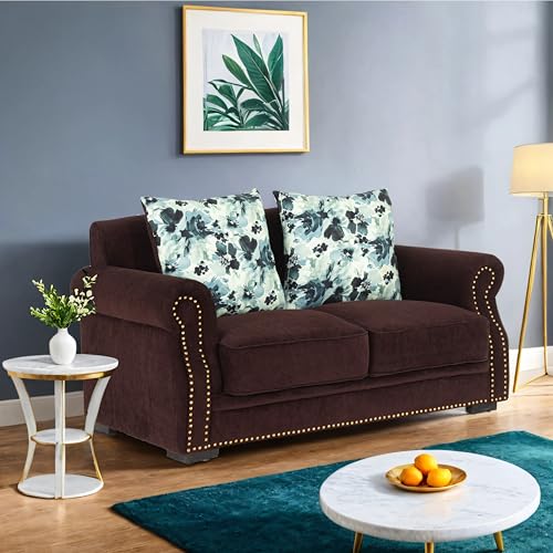 Peachtree Alton 2 Seater Sofa with Velvet Printed 2 Pillows for Living Room, Mango Wooden Frame & Iron Leg| Malfino Fabric Sofa for Dining Room, Hall,