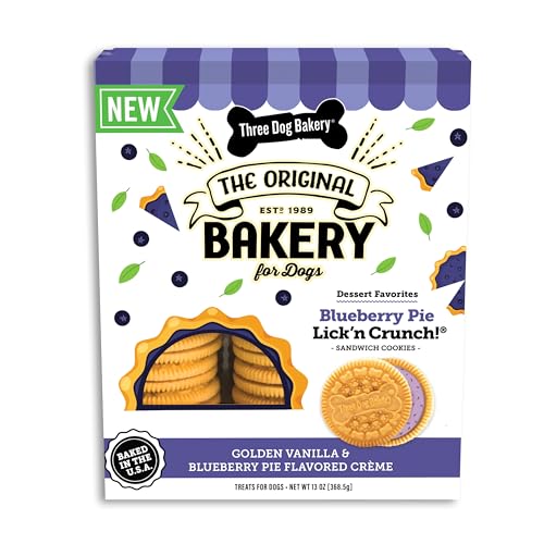 Three Dog Bakery Blueberry Pie Lick’n Crunch! Dog Treats, Dessert-Inspired Sandwich Cookies with Real Blueberries & Vanilla, Crunchy Baked Dog Cookies, Made in The USA, 13 oz