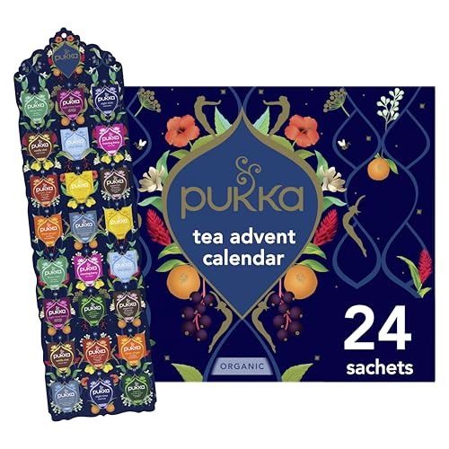Pukka Advent Calendar Organic Tea Sampler, Selection of 24 Delightful Black & Green Tea Infusions, Christmas Gift for Tea Lovers, 100% Organic