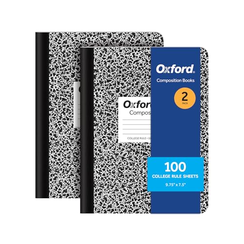 Oxford Composition Notebooks, 9-3/4 x 7-1/2 Inch School Journals, College Ruled Paper, Black Marble Covers, 100 Sheets per Book, 2 Pack (1002515)