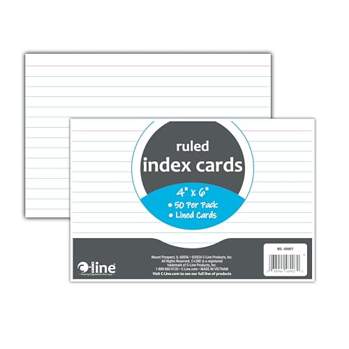 C-Line 4” x 6” Index Cards, White, Ruled, 50/PK (48907)