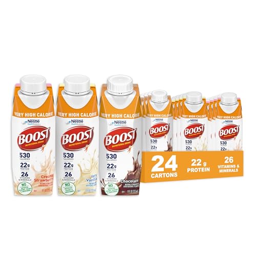 BOOST Very High Calorie Nutritional Drink – Helps Weight Gain & Maintenance -530 Calories -26 Vitamins & Minerals - 22 g Protein - Variety Pack - Vanilla, Chocolate & Strawberry - 8 fl oz (Pack of 24)