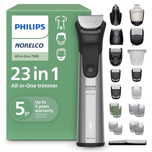 Philips Norelco Multigroom 7000 Series, All-in-One Trimmer, Beard Trimmer and Hair Clipper, 23-Piece Men's Grooming Kit for Beard, Face, Nose, Ear, Body, with Titanium Blades, Travel Pouch, MG7970/49